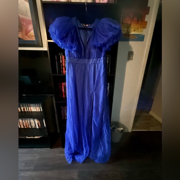 Blue Sexy Elegant Solid Patchwork V Neck Evening Dress Plus Size Dresses - Picture 7 of 7